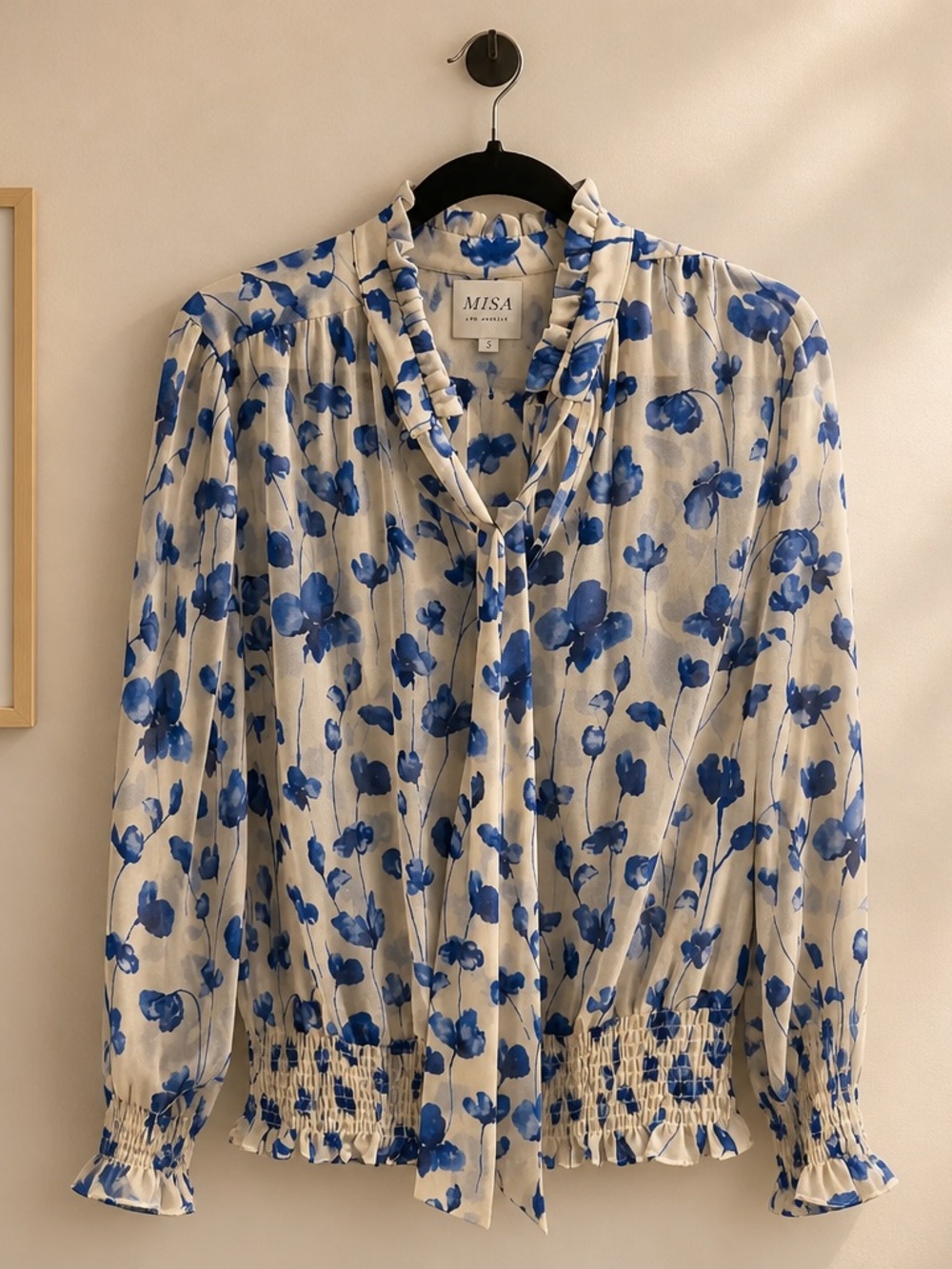 Misa Los Angeles Cream Blouse with Blue Floral Tie